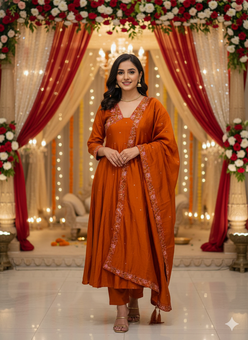 3/4th sleeve Kurta set in Rust Orange with beautiful cut work dupatta