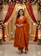 3/4th sleeve Kurta set in Rust Orange with beautiful cut work dupatta