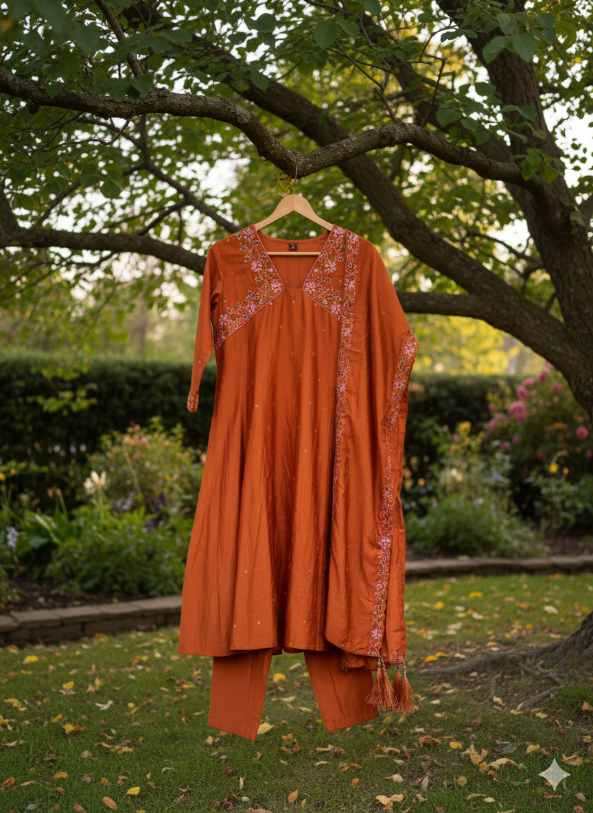 3/4th sleeve Kurta set in Rust Orange with beautiful cut work dupatta