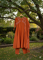 3/4th sleeve Kurta set in Rust Orange with beautiful cut work dupatta
