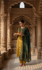 Pure Cotton Kurta Pant and Dupatta set with Kantha and mirror work