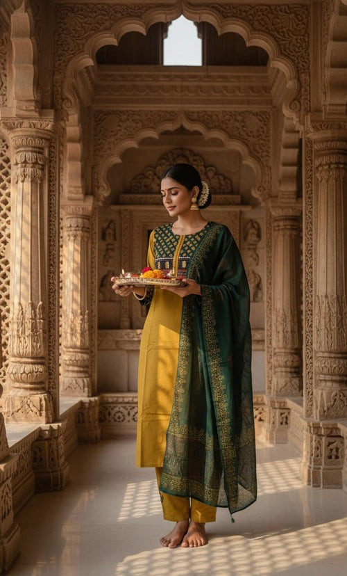 Pure Cotton Kurta Pant and Dupatta set with Kantha and mirror work