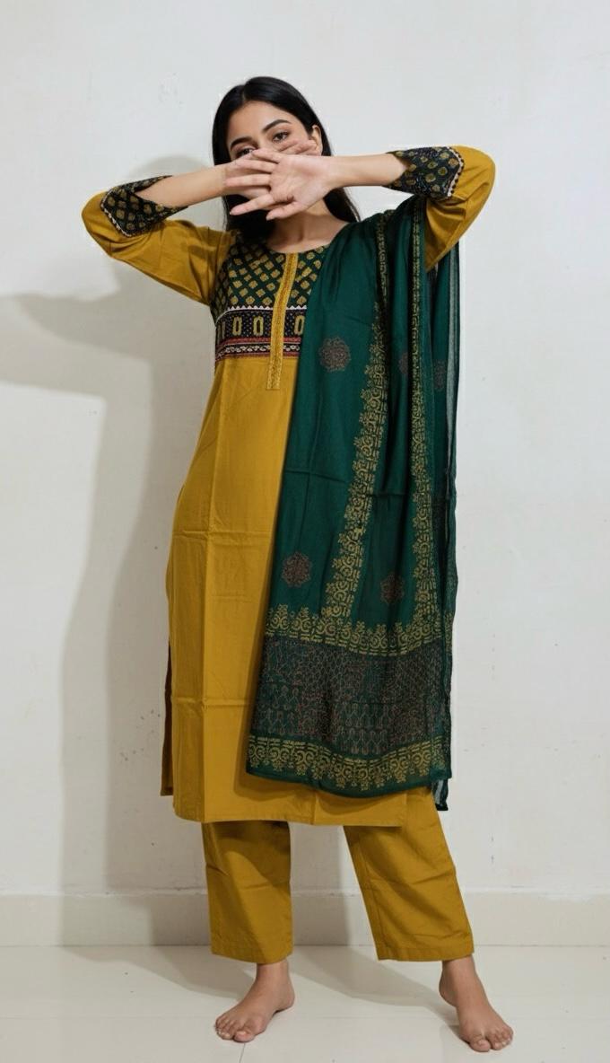 Pure Cotton Kurta Pant and Dupatta set with Kantha and mirror work