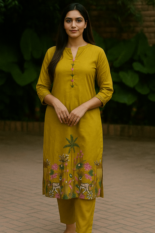 Mustard Yellow Kurta Pant set with Embroidery, Ethnic and casual wear For Women and Girls