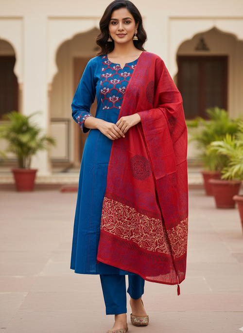 Kurta Pant and Dupatta set with neck embroidery work in Blue and Maroon